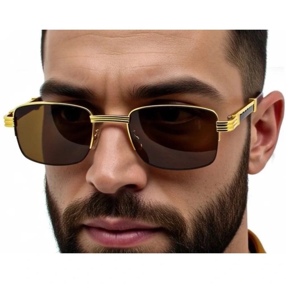 Gold Frame Sunglasses Brown Lens Wood Arms Men's Rectangular Buffs Shades Classy